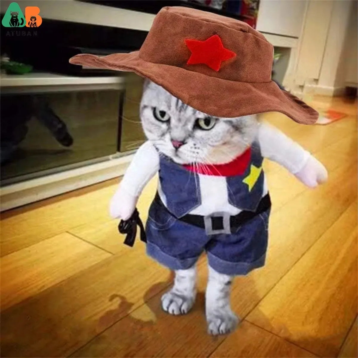 ATUBAN Western Cowboy Costume For Pets With Hat Plaid