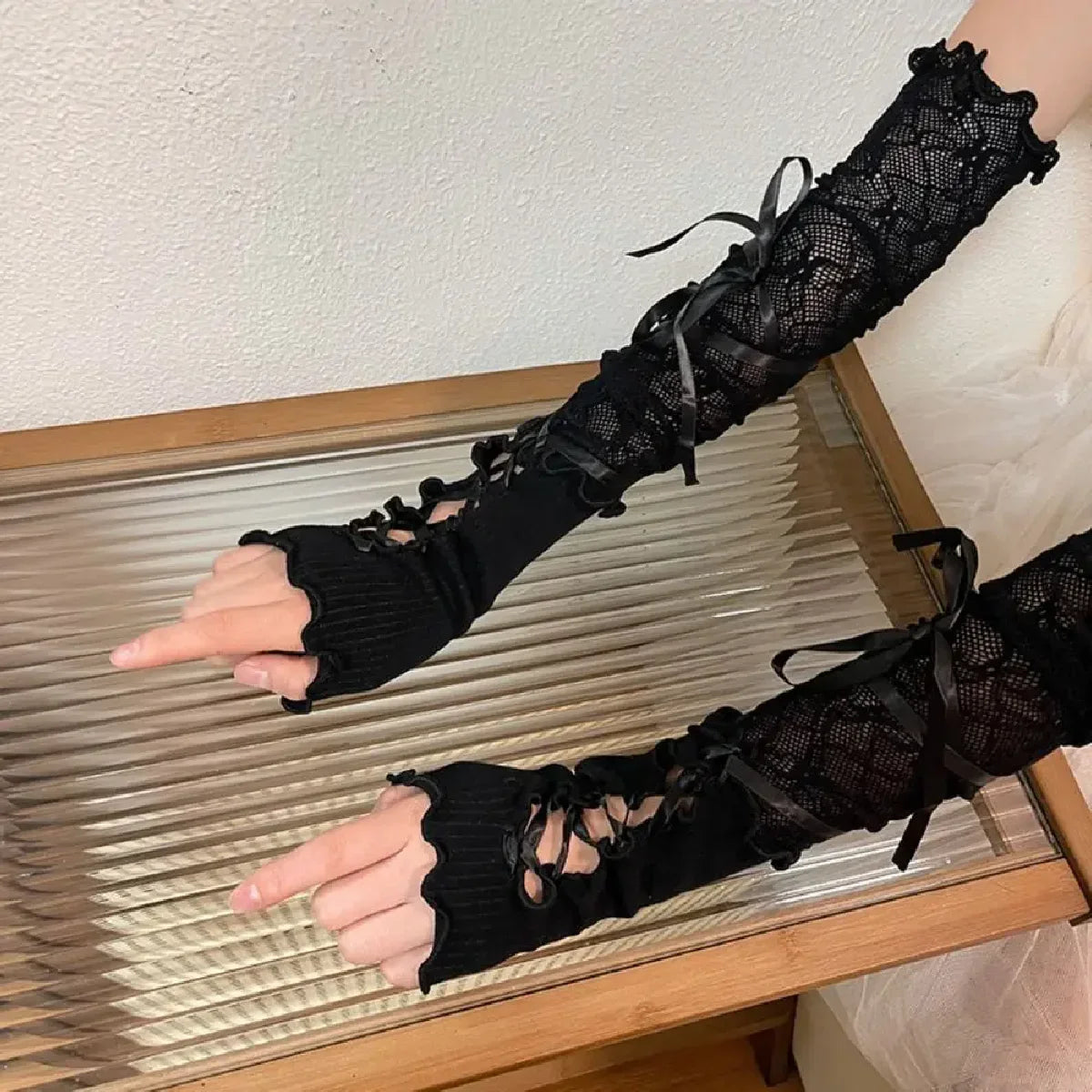 Women Lolita Jk Lace Fingerless Gloves Black Gothic DIY Strapping Sunscreen Sleeve Clothing Accessories Elastic Mesh Gloves 2055