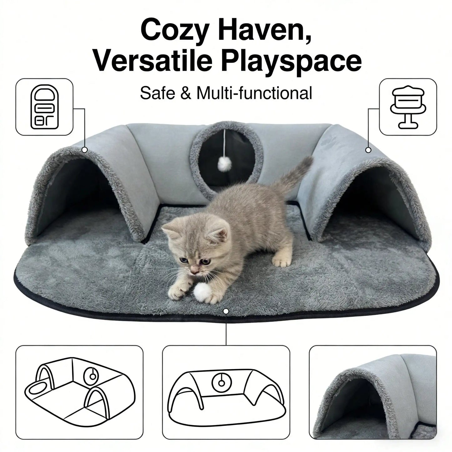 2 In 1 Cat Tunnel Bed With Soft Plush Cushion Multisize Warm Hideaway Cave With Hanging Pom-pom Toy Interactive Play Rest House Washable Pet Sleeping Mat For Kitten Small Indoor Cats