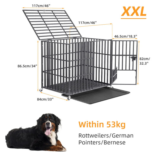 BORWAR Heavy Duty Dog Crate With Lockable Wheels And Tray