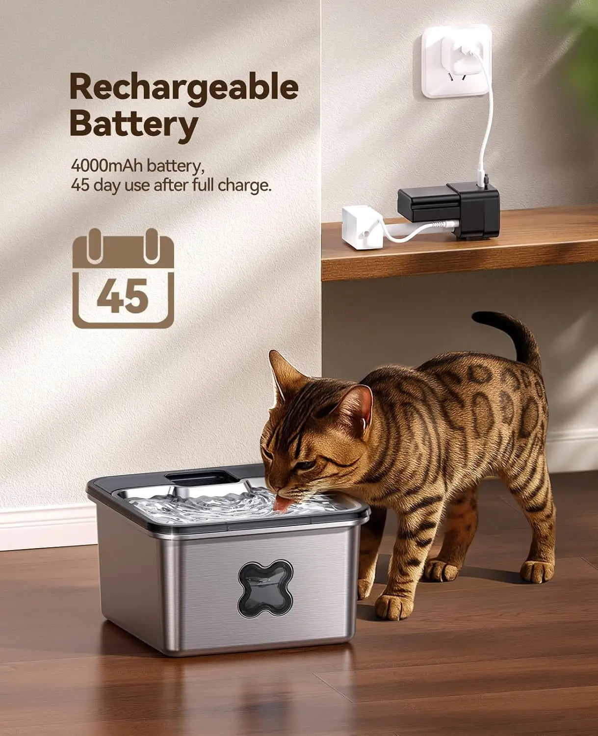 For Cats and Dogs Drinking, Stainless Steel Wireless Water Fountain, 3.2L, 4000mAh Battery Operated, with Sensor and 6 Filters
