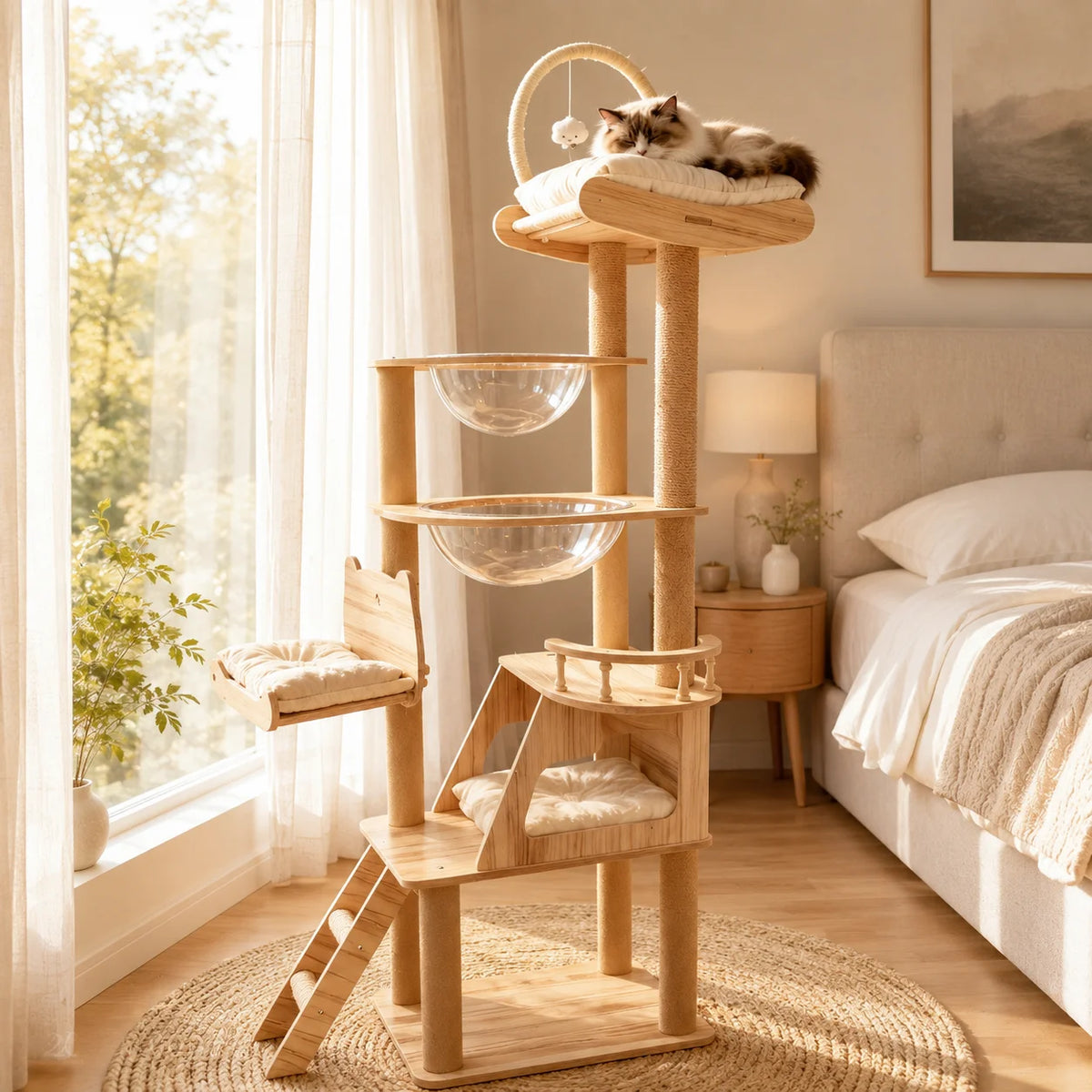 Multi-Level Cat Tree with Acrylic Pods & Sisal Posts – 74.8in Tall Cat Climbing Tower for Indoor Cats, Features Cozy Hideaway Condo, Padded Lounging Deck & Premium Top Perch