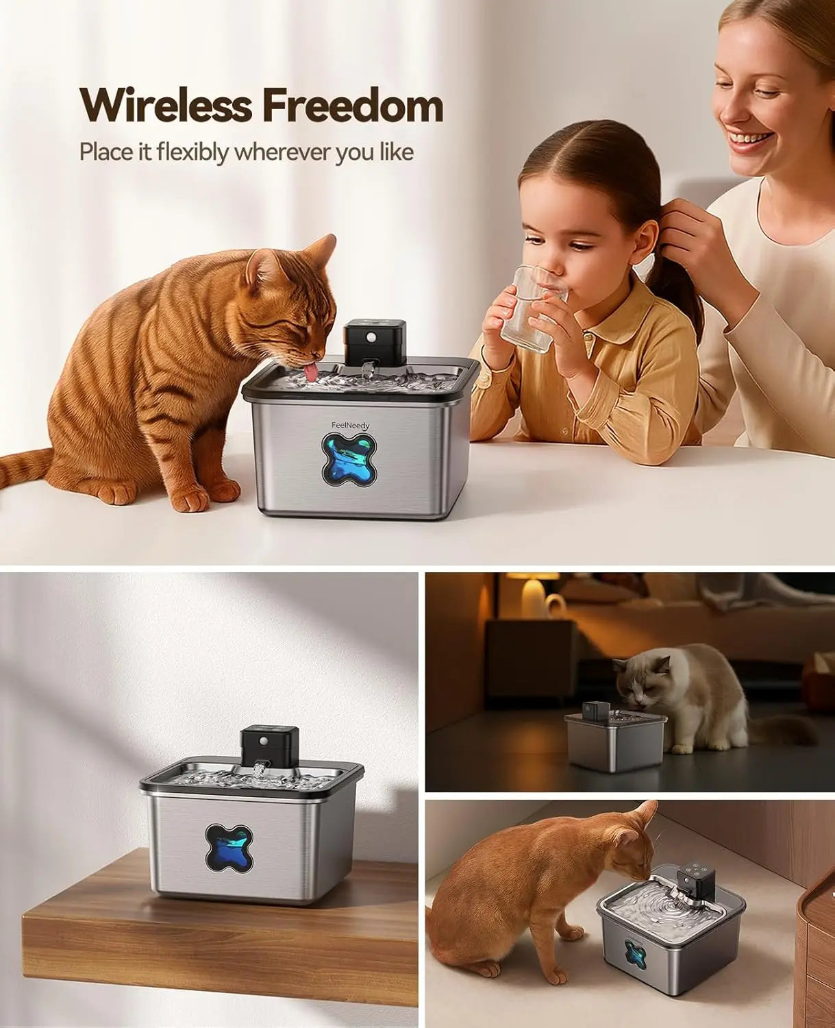 For Cats and Dogs Drinking, Stainless Steel Wireless Water Fountain, 3.2L, 4000mAh Battery Operated, with Sensor and 6 Filters