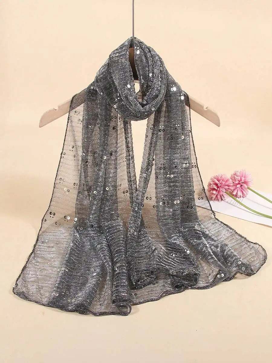 Women Lightweight Sequin Scarf Shawl Headwrap Beach Wrap Sun Protection Decorative