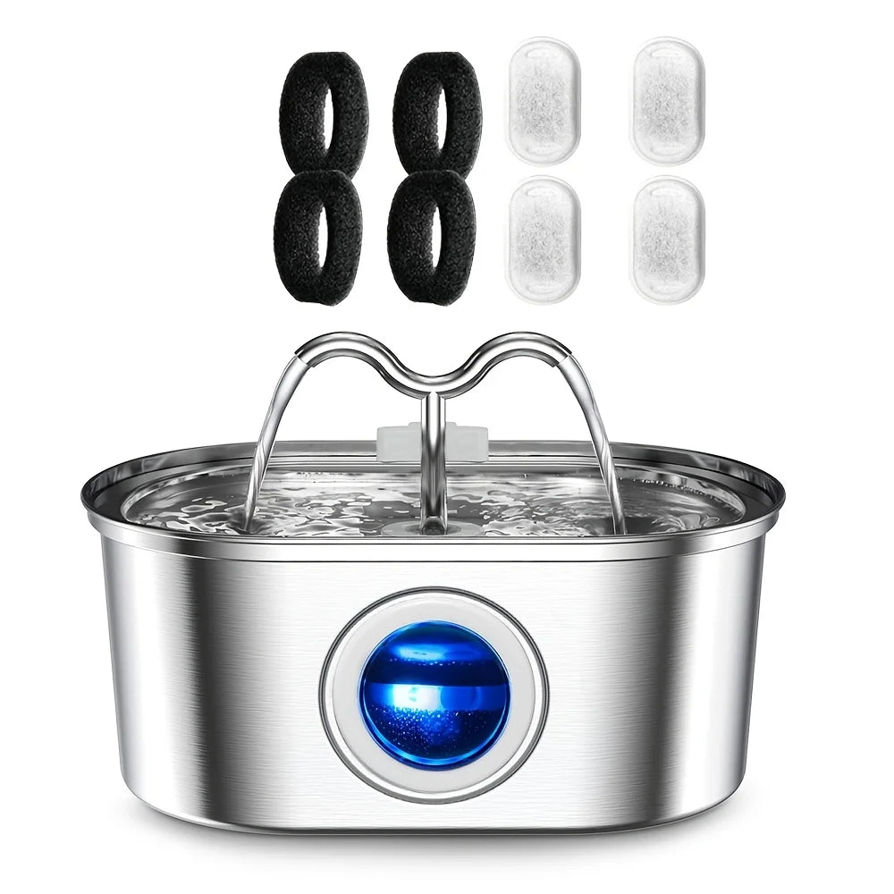 3.2L Stainless Steel Cat Water Fountain with Water Level Window, continuously circulates flowing water, perfect for pets.