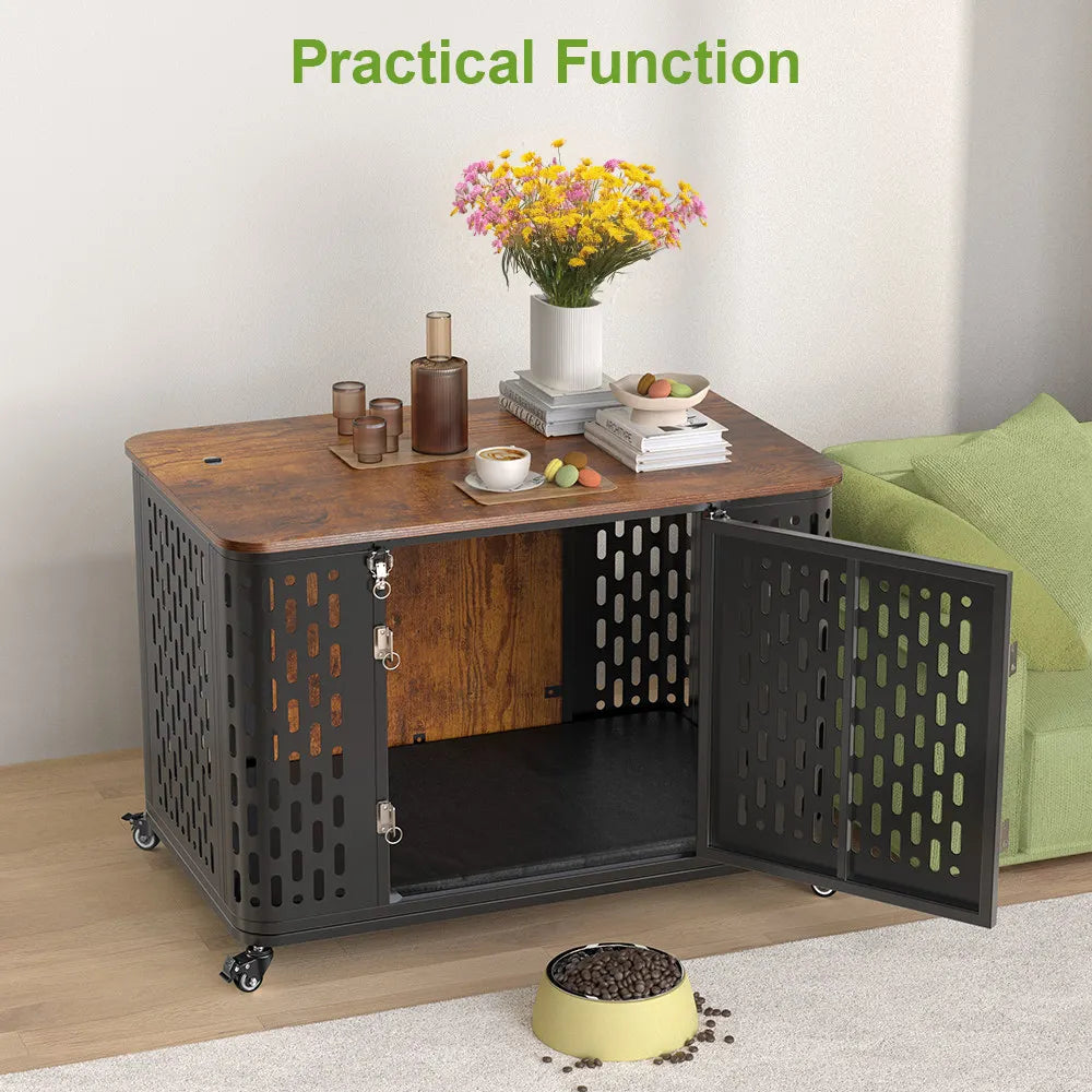 ONBRILL Wood Dog Kennel Crate With Cushion And Wheels