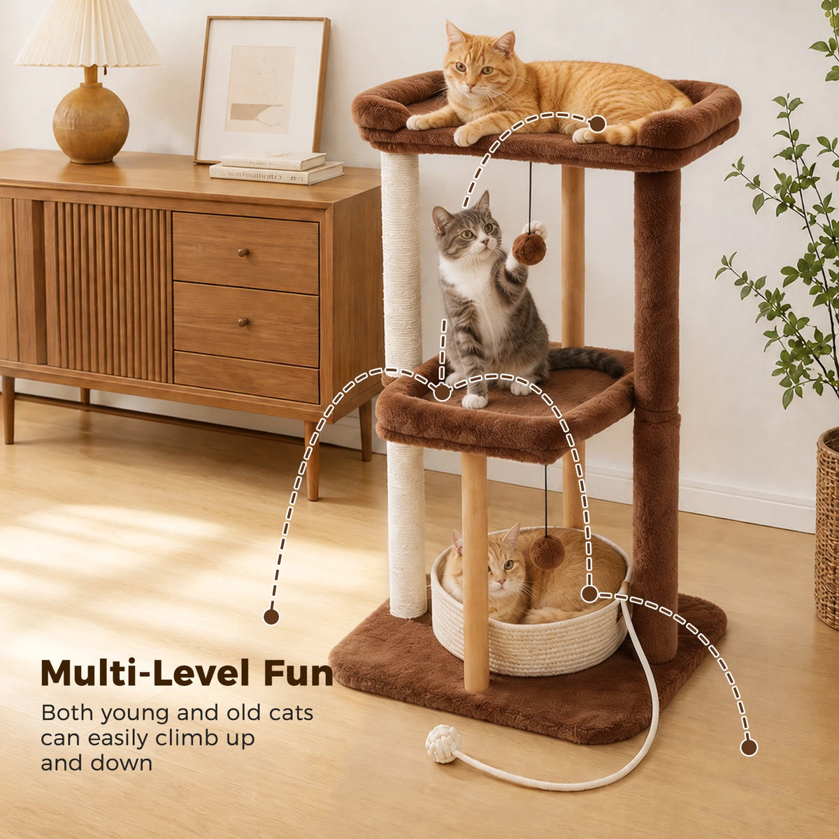 Modern Cat Tree for Indoor Cats Wood Cat Tower with Removable Bed Sisal Scratching Posts and Solid Wood Posts 2 Large Platforms Cat Bed Cat Toys