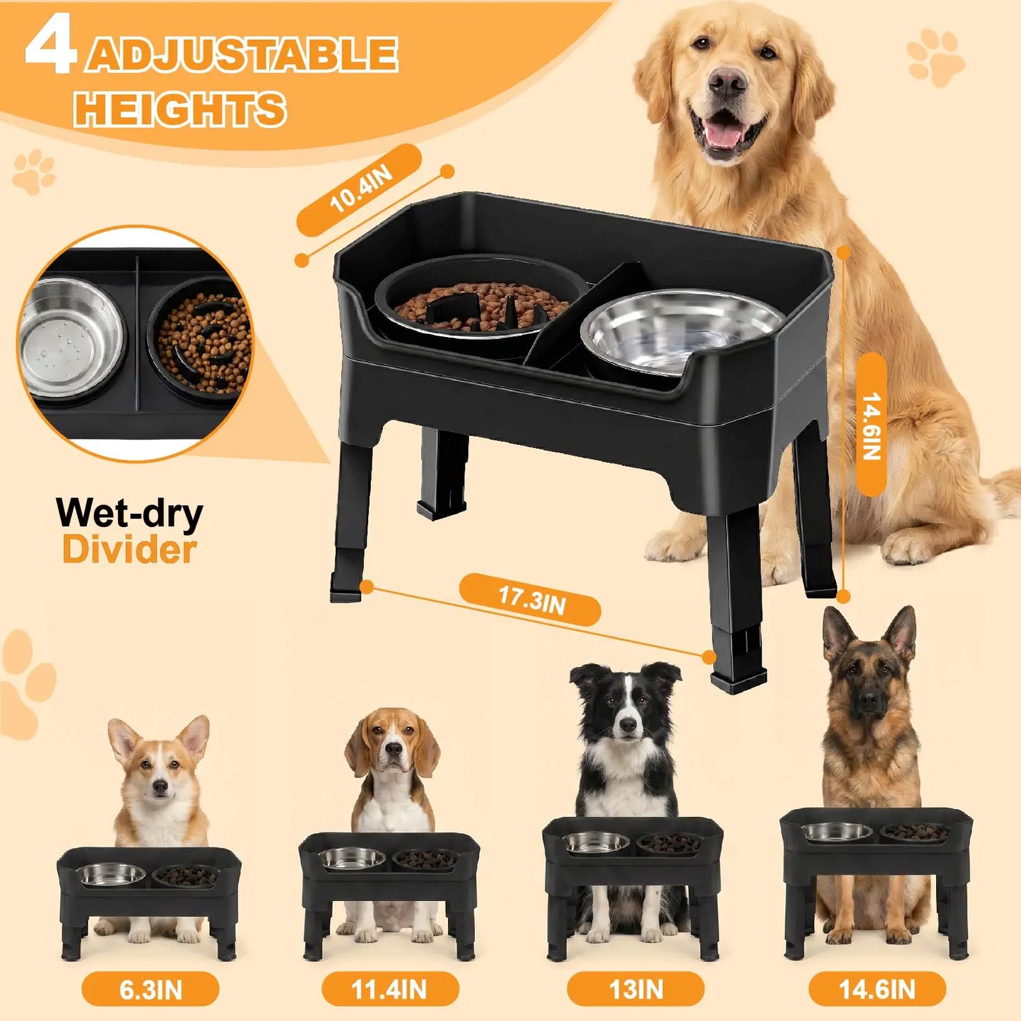 4-in-1 Adjustable Elevated Dog Feeder, Raised Dog Bowl Stand with Stainless Steel Water Bowl, Slow Feeder Bowl & Lick Mat, 4 Height Adjustable Anti-Choke Pet Food Water Dish for Small Medium Large Dogs