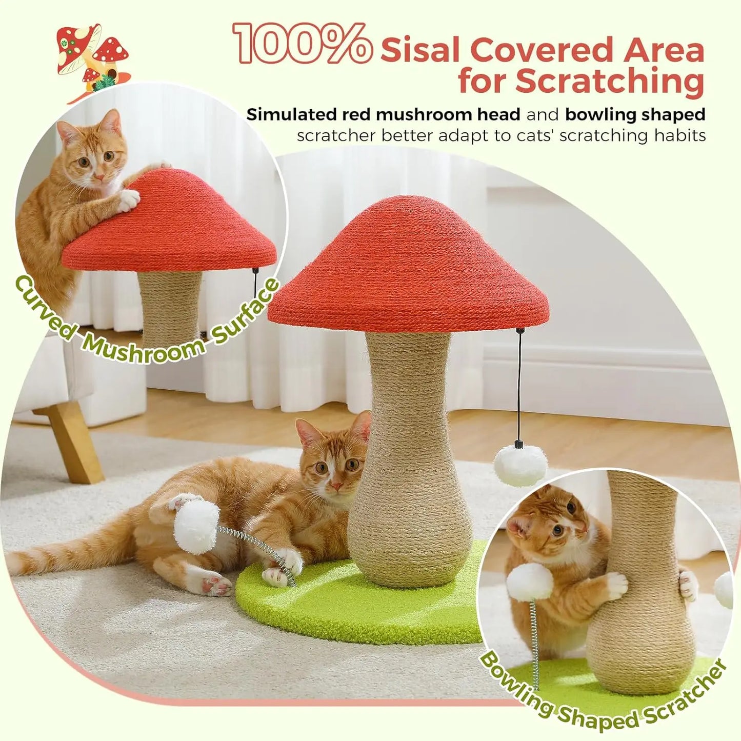 Mushroom Cat Scratching Post and Toy With Fully Sisal Cover