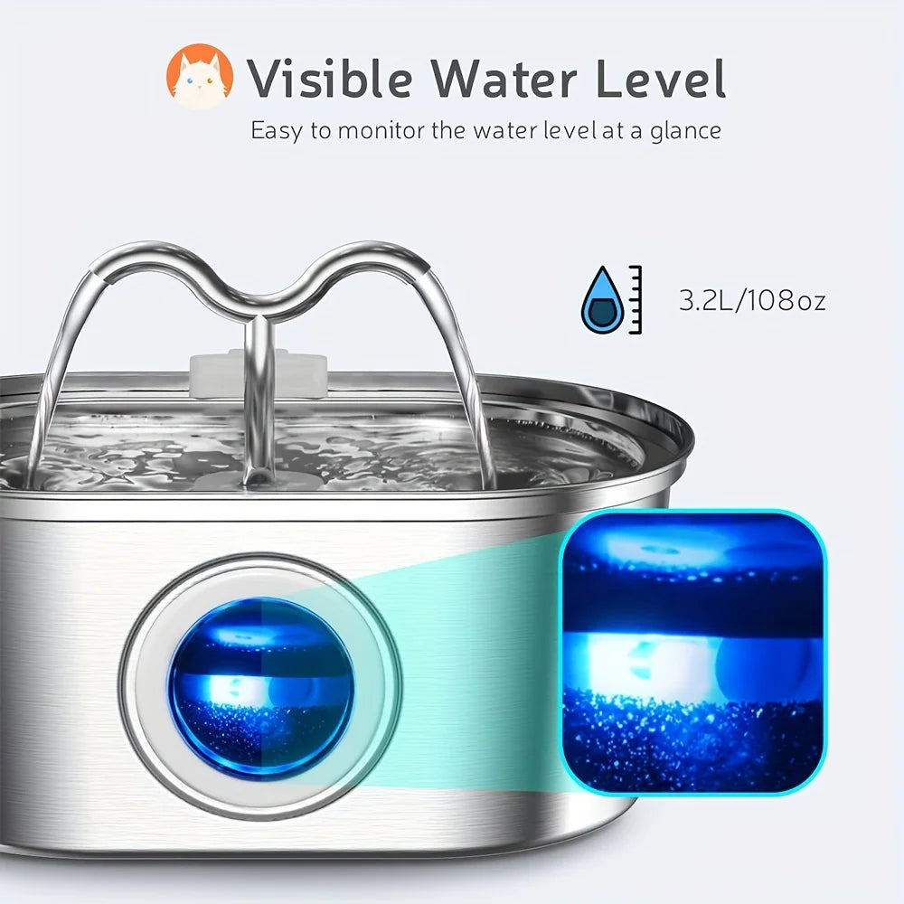 3.2L Stainless Steel Cat Water Fountain with Water Level Window, continuously circulates flowing water, perfect for pets.