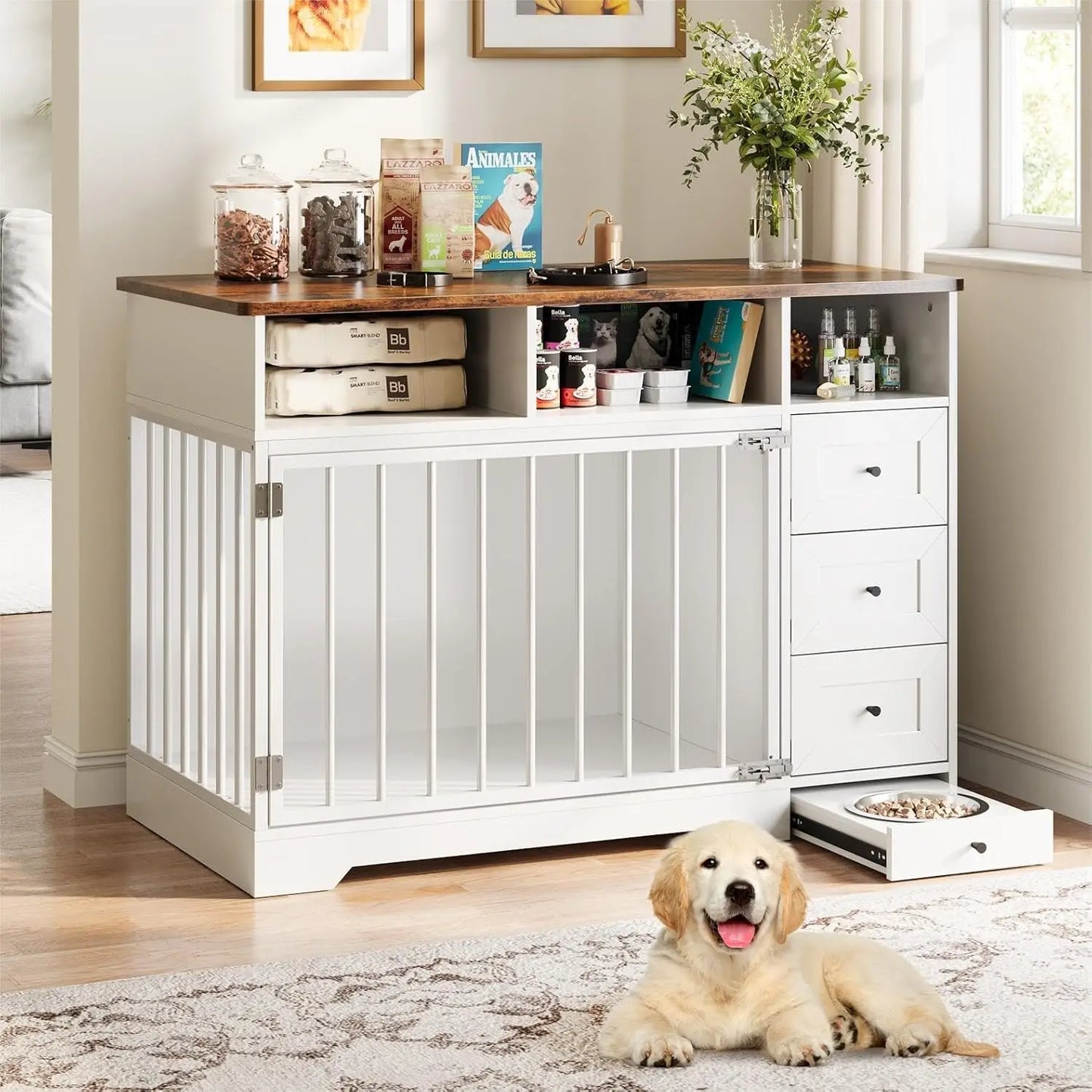 HiMISS Farmhouse Dog Crate Furniture Kennel Table With Drawers
