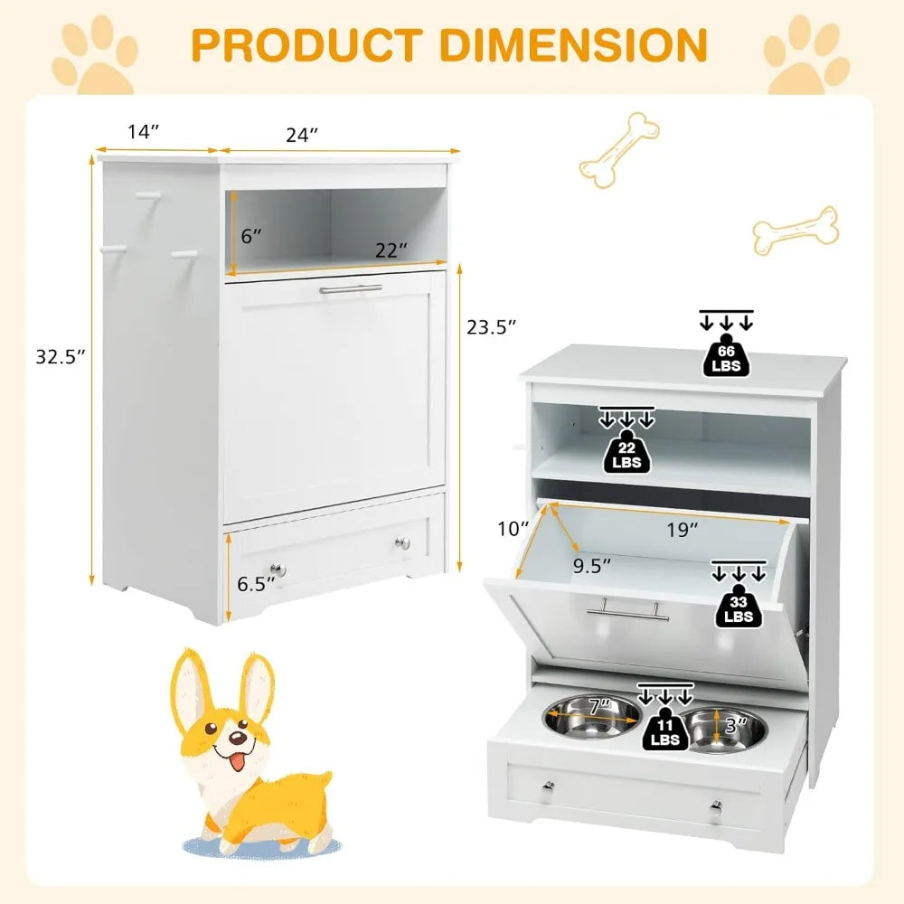 Pet Feeder Station With Double Pull-Out Bowls Dog Food Storage Cabinet