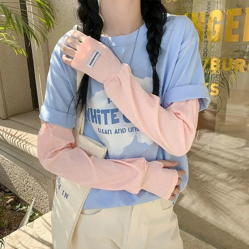Summer Loose Ice Silk Long Sleeve Sun Protection Fingerless Gloves Elegant Breathable Sunscreen Mittens Women Clothes Accessory