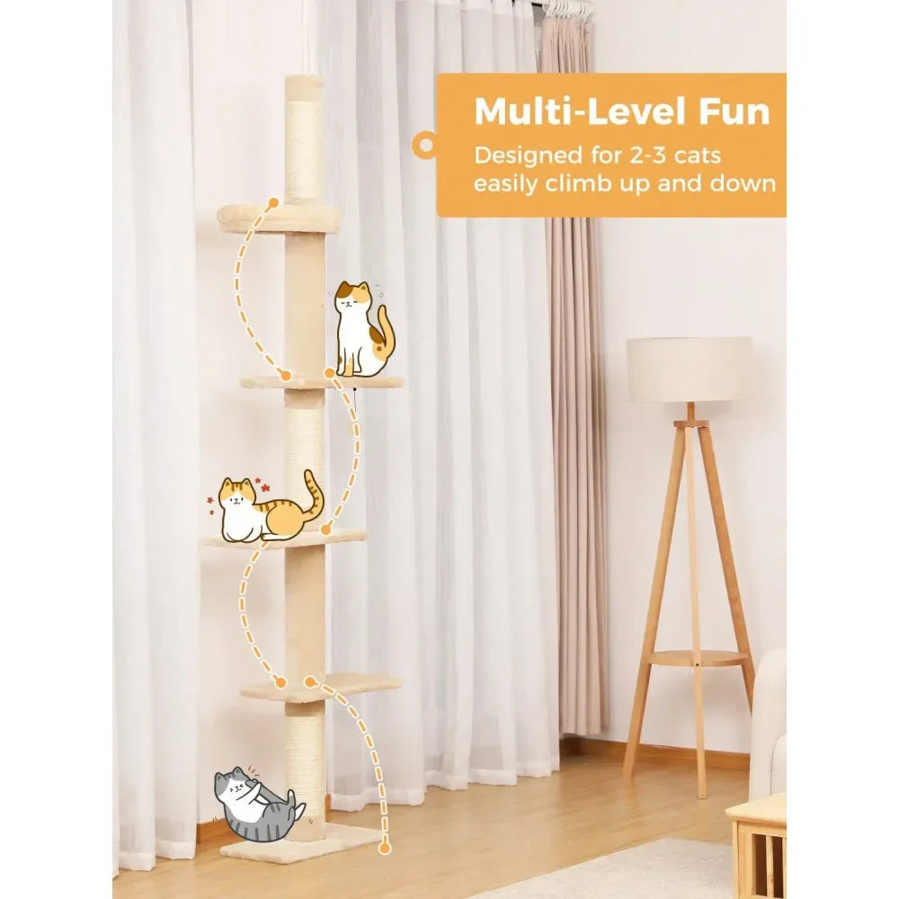 95107 Cat Tower 5Tier Floor To Ceiling Cat Tree Height Adjustable, Tall Climbing Tree Featuring With ching Post, Cozy Bed,