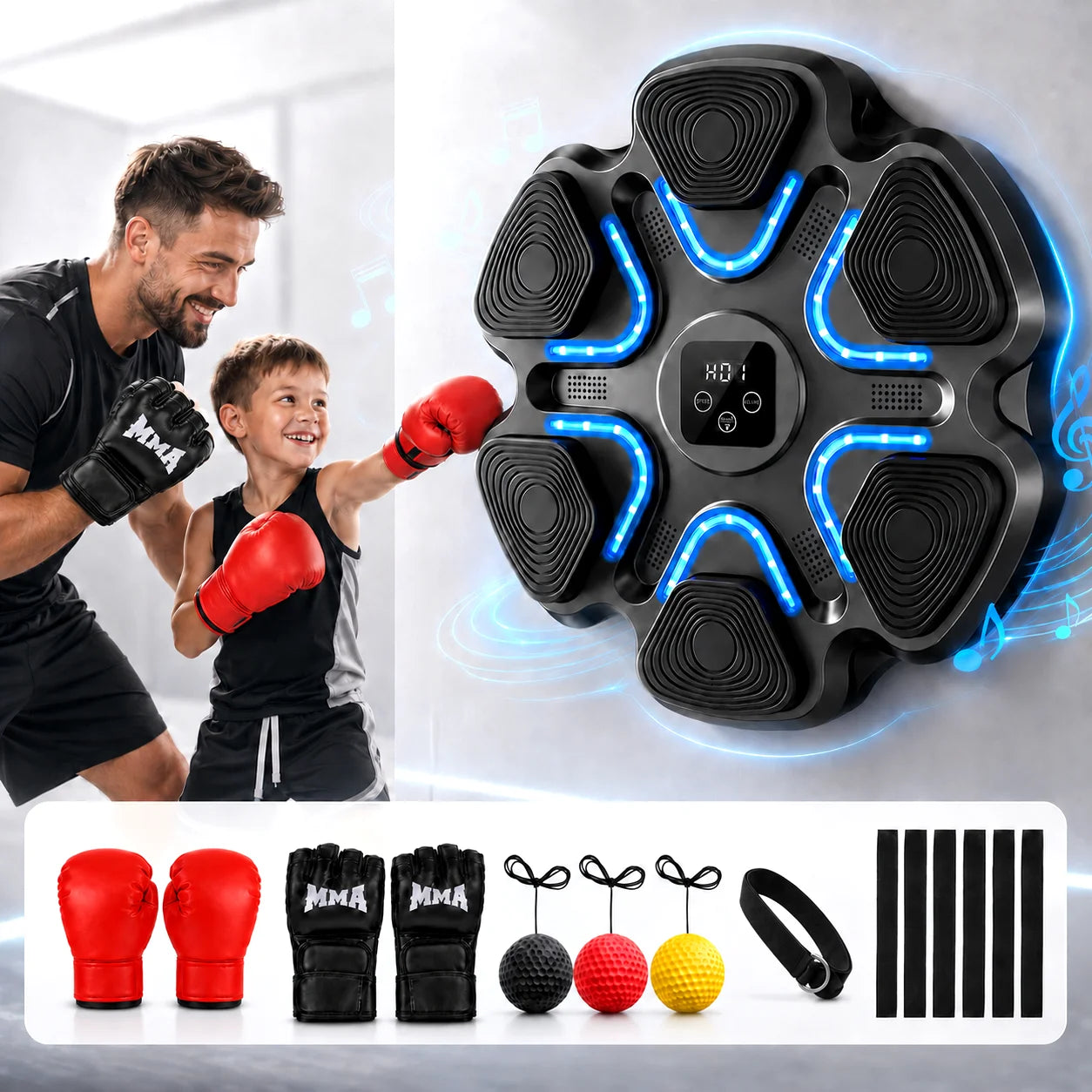 Music Punching Workout Machine 6 LED Light Targets Real-time Counting Function 5 Volume Levels Adjustable Training Intensity Rechargeable Boxing Reaction Trainer for Home Gym