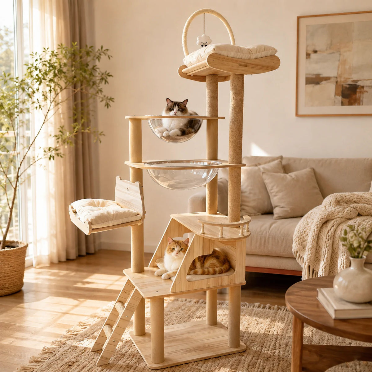 Multi-Level Cat Tree with Acrylic Pods & Sisal Posts – 74.8in Tall Cat Climbing Tower for Indoor Cats, Features Cozy Hideaway Condo, Padded Lounging Deck & Premium Top Perch
