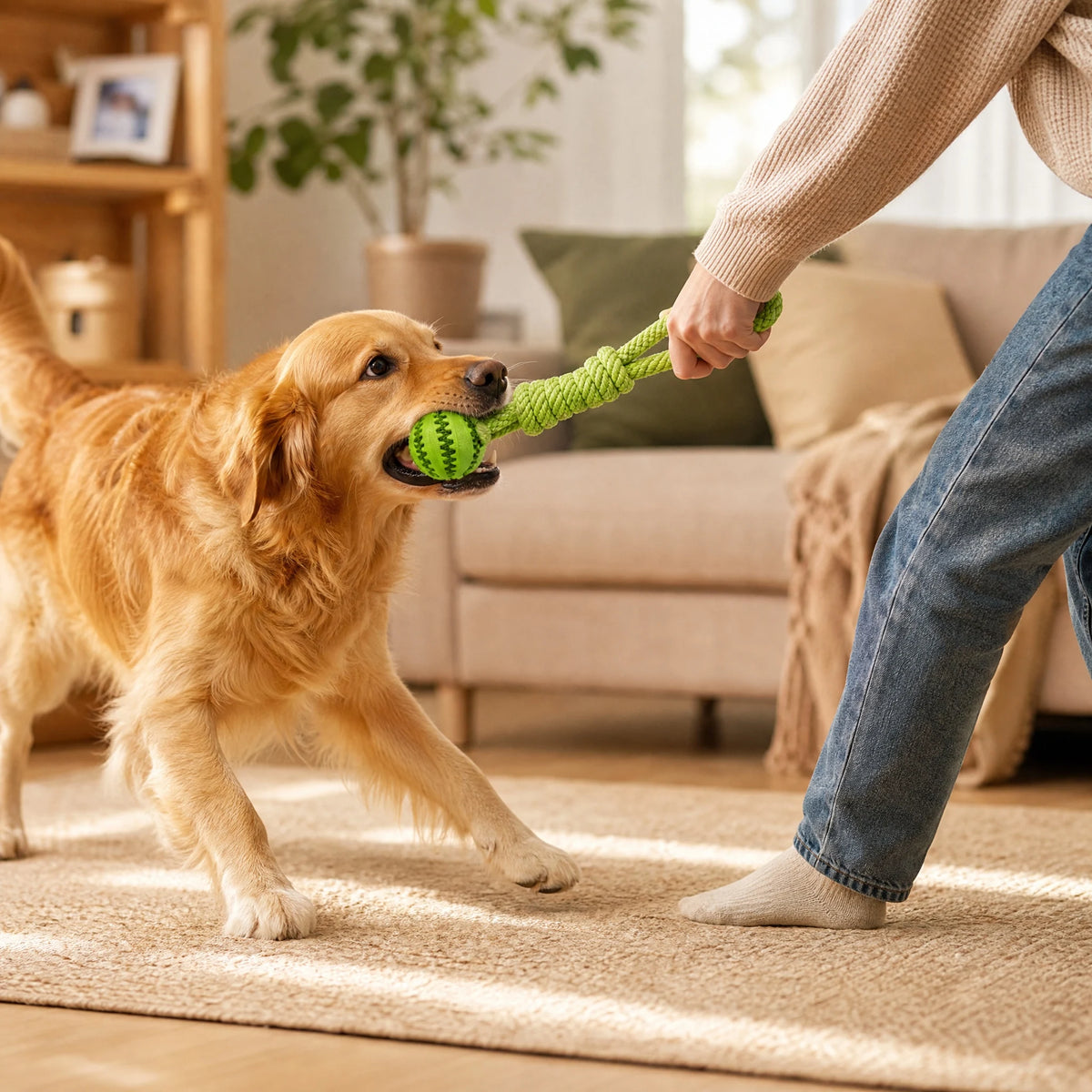 Interactive Dog Treat Dispensing Ball With Cotton Rope Chew Toy
