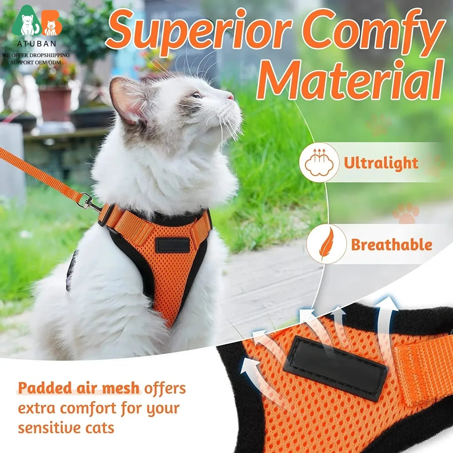 ATUBAN Cat Harness And Leash For Walking Reflective Escape Proof