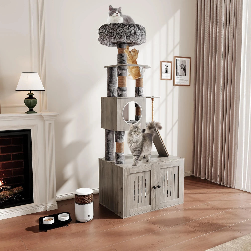 HiMISSCN Cat Tree With Litter Box Enclosure And Storage