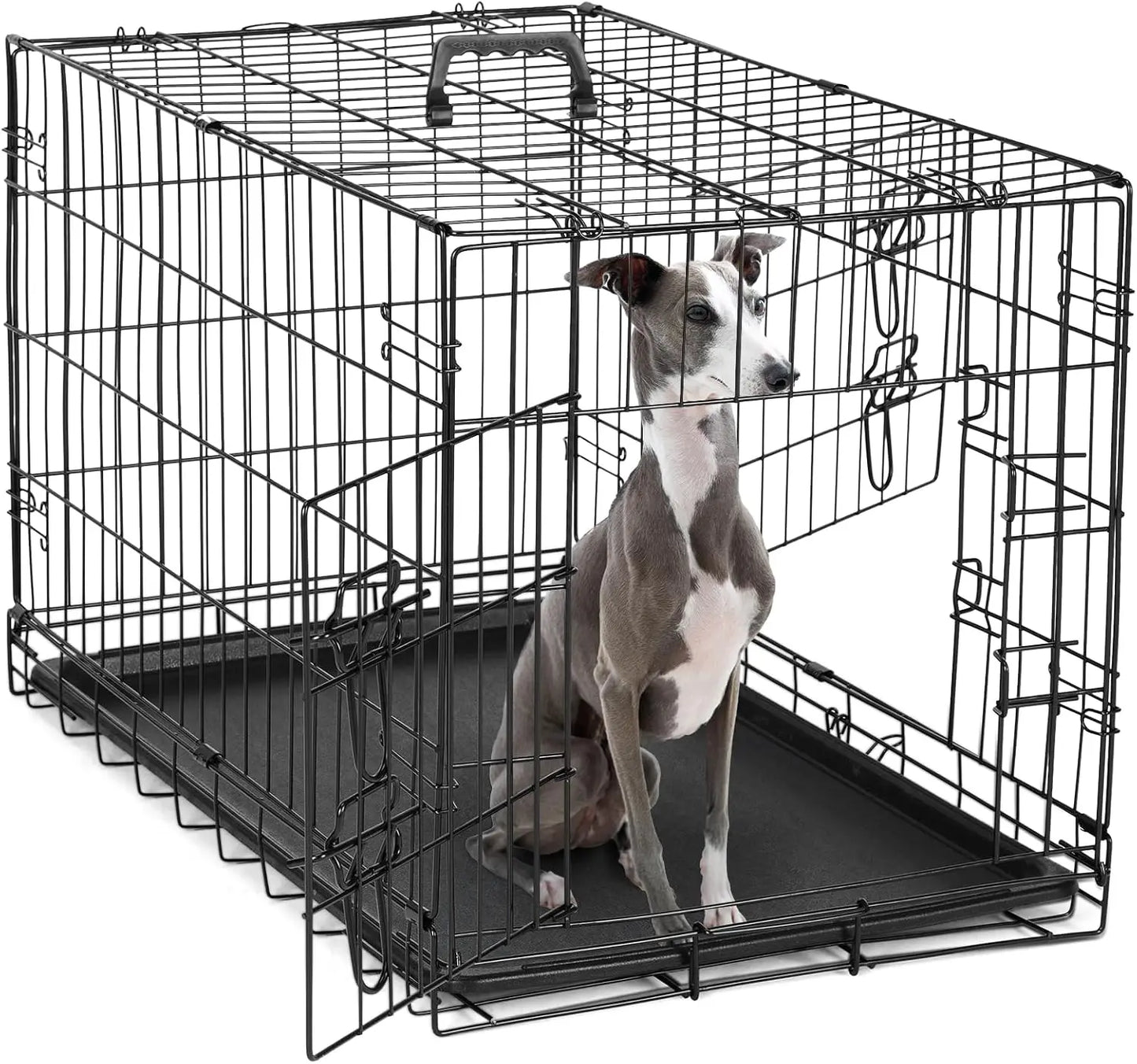 Double Door Dog Cage With Leak Proof Tray Folding Kennel