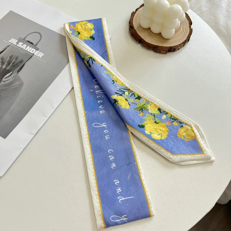 Fashion Floret Printed Hairband Silk Satin Bag Scarf For Women Skinny Long Wrist Ribbon Neck Scarves Hair Scarfs For Women