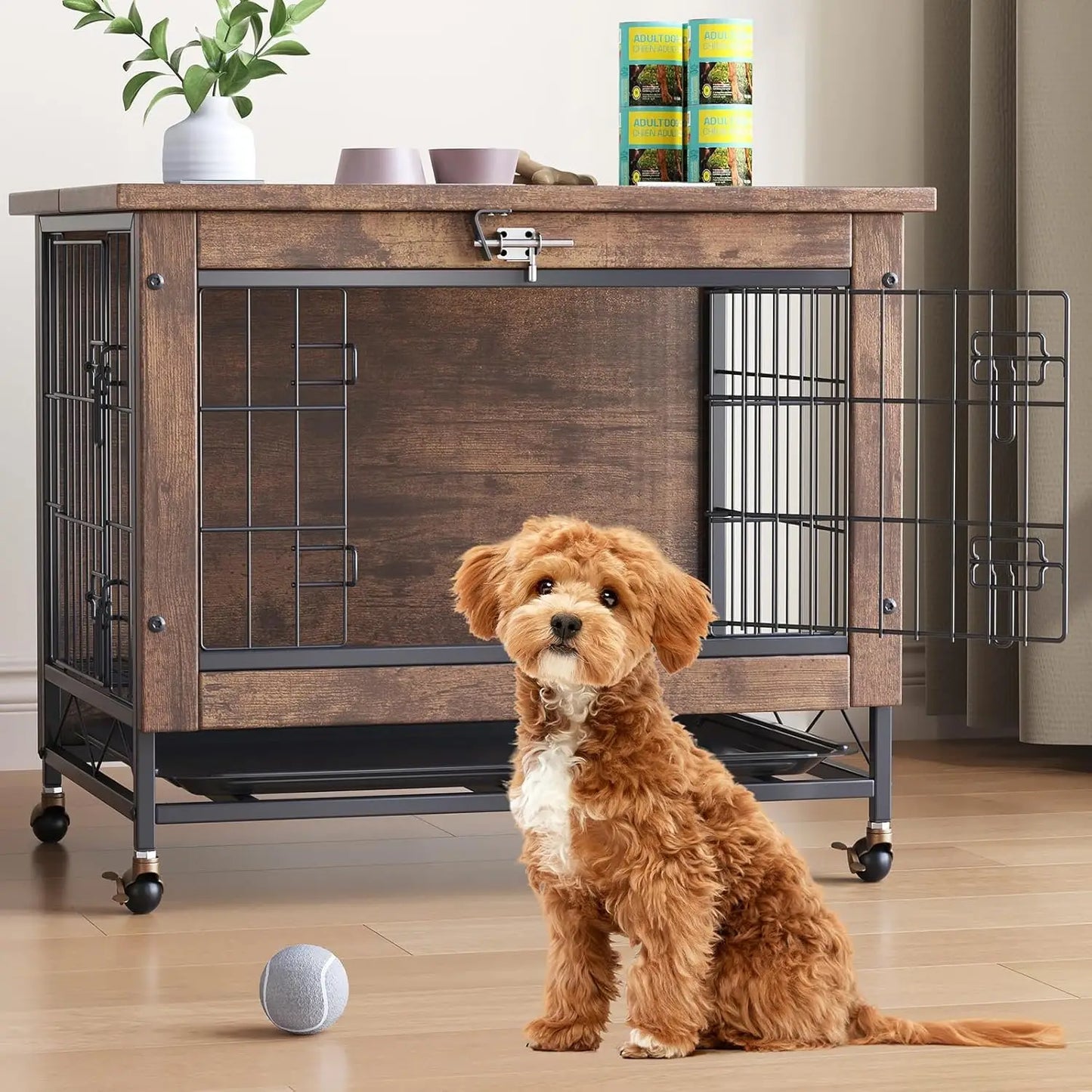 HiMISS Rustic Wood And Metal Dog Crate Furniture With Wheels