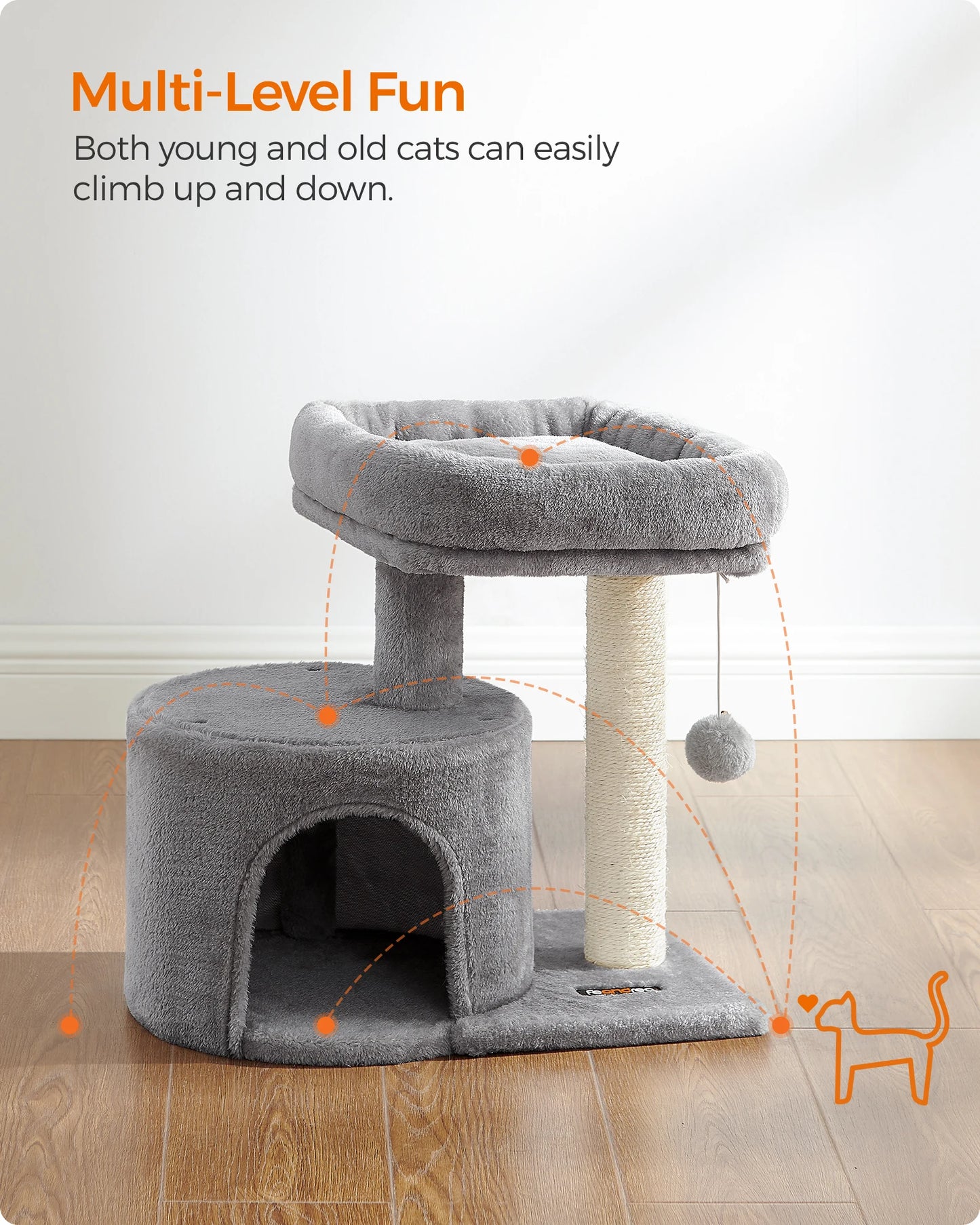 Feandrea Cat Tree, Small Cat Tower with Sisal Scratching Post, Plush Condo with Padded Perch, for Small Spaces, Kittens,
