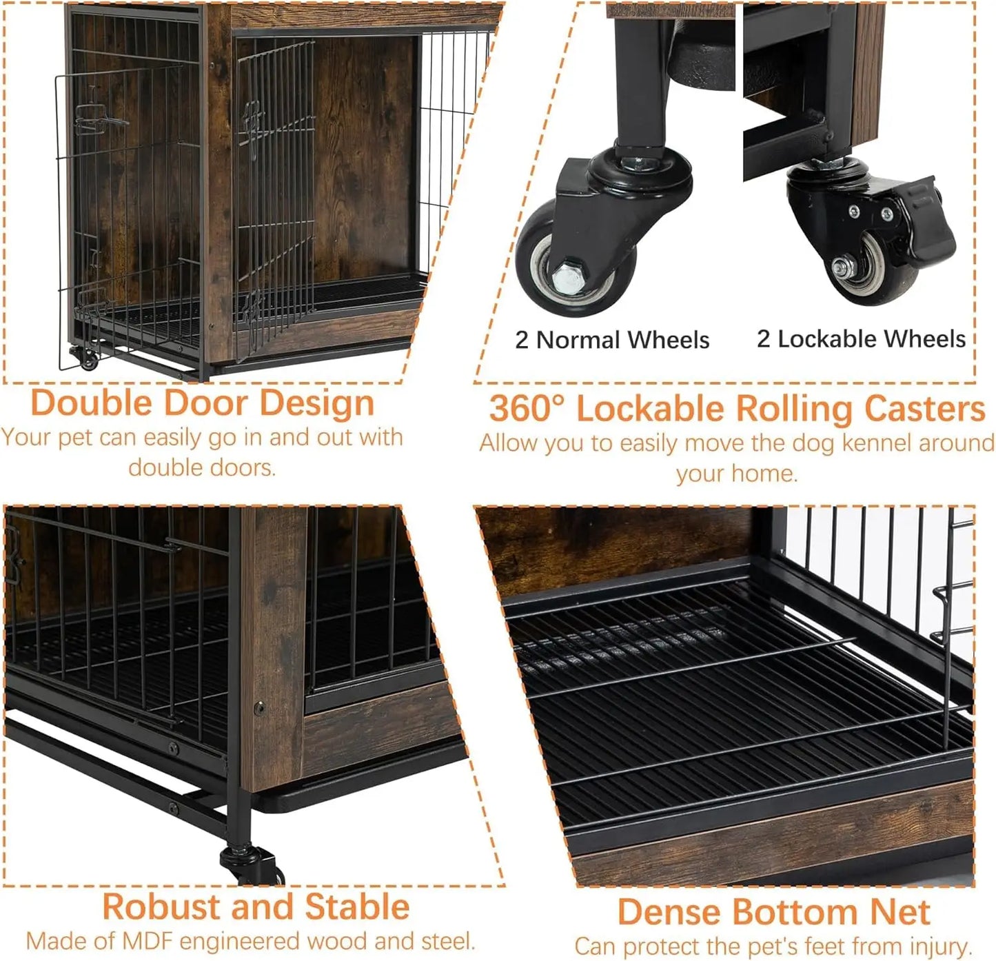 HiMISS Rustic Wood And Metal Dog Crate Furniture With Wheels
