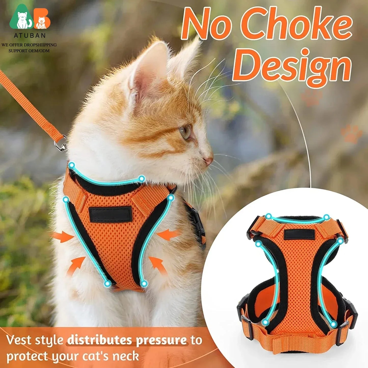 ATUBAN Cat Harness And Leash For Walking Reflective Escape Proof