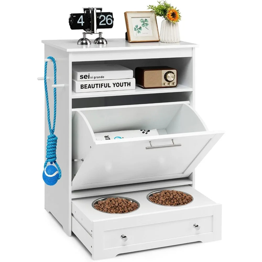 Pet Feeder Station With Double Pull-Out Bowls Dog Food Storage Cabinet