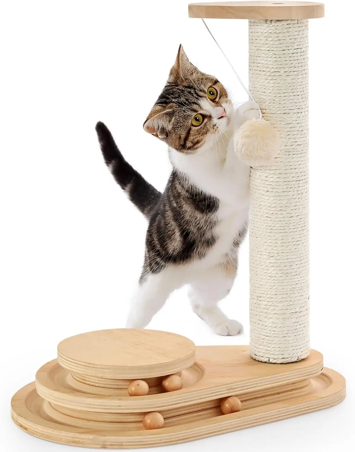 Cat Scratching Post With Wooden Ball Track For Indoor Cats