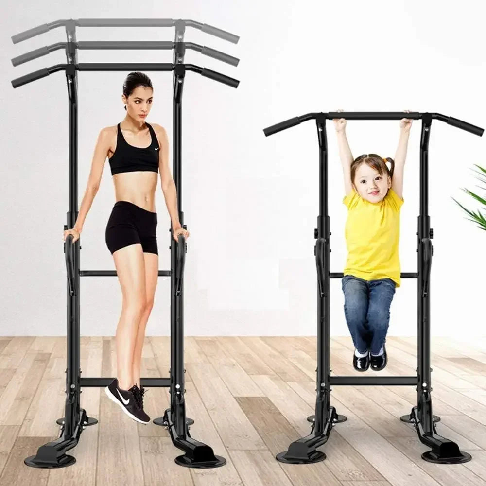Adjustable Height Power Tower with Pull Up Bar and Dip Station - Multi-Function Strength Training Equipment for Home Gym (Black)