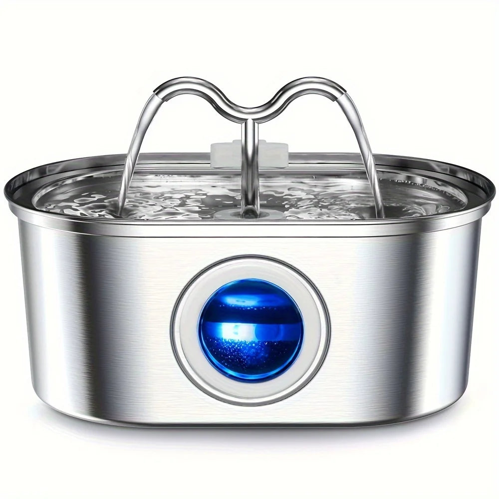 3.2L Stainless Steel Cat Water Fountain with Water Level Window, continuously circulates flowing water, perfect for pets.