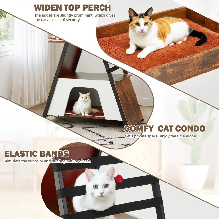 Modern Cat Tree With Sisal Scratching Board And Cozy Caves