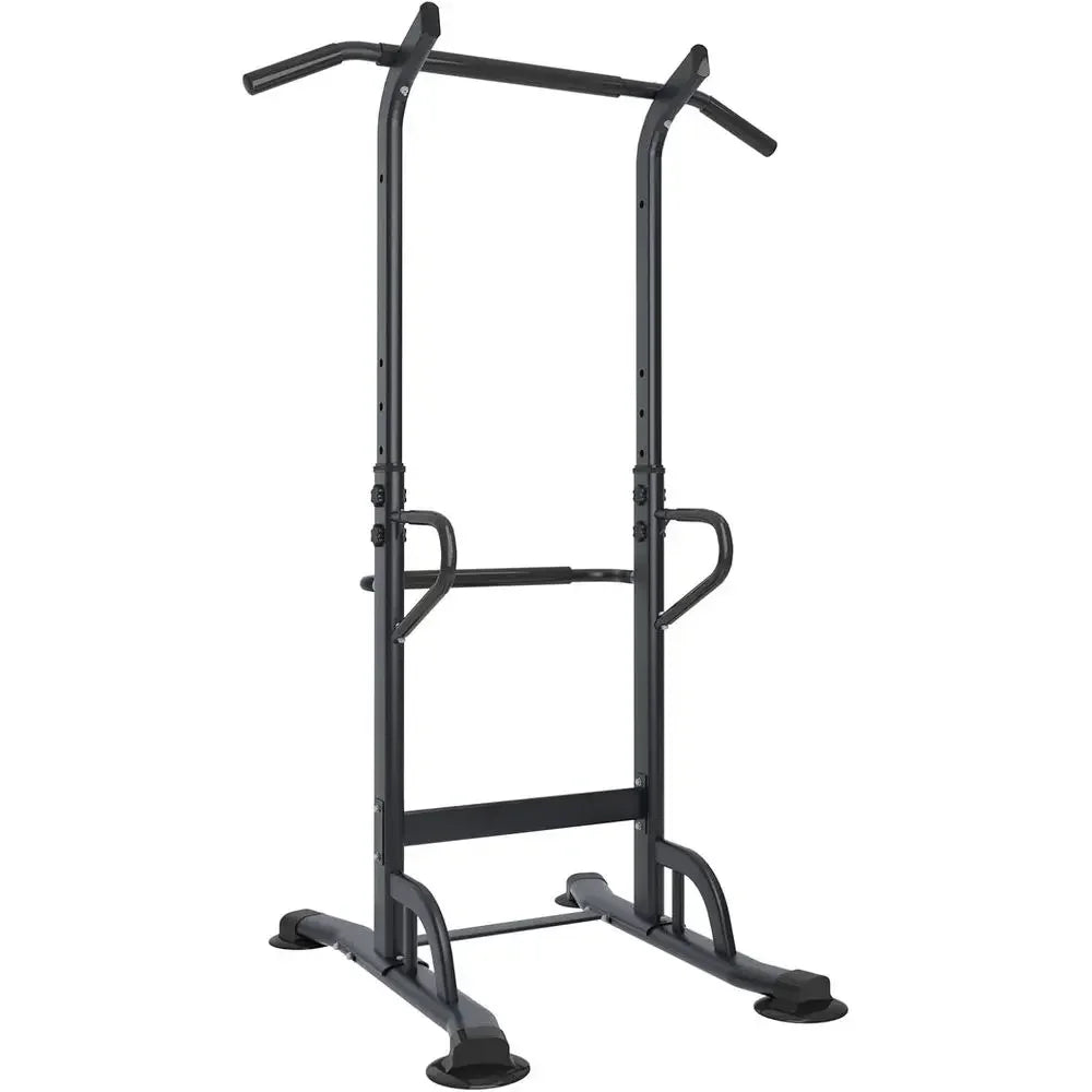 Adjustable Height Power Tower with Pull Up Bar and Dip Station - Multi-Function Strength Training Equipment for Home Gym (Black)