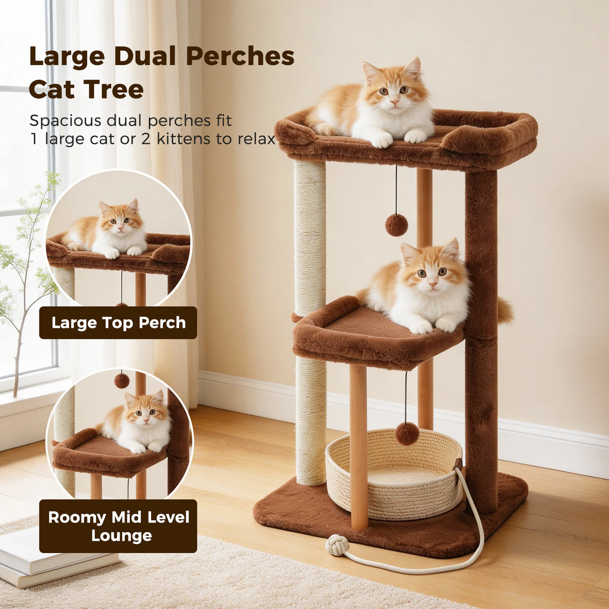Modern Cat Tree for Indoor Cats Wood Cat Tower with Removable Bed Sisal Scratching Posts and Solid Wood Posts 2 Large Platforms Cat Bed Cat Toys
