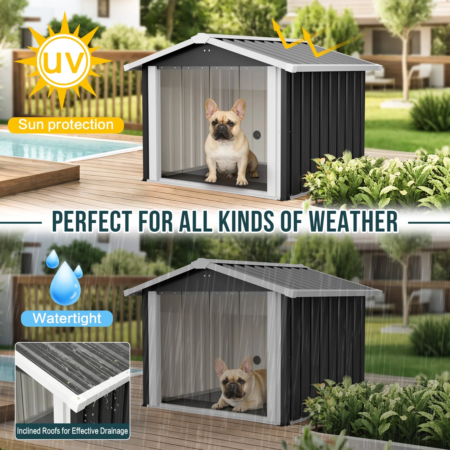 39.7x35.8x33.3 in 2 in 1 Metal Dog House Storage Shed Waterproof Shelter PVC Curtain Vent for Med Large Dogs Multi Pets Garden Yard