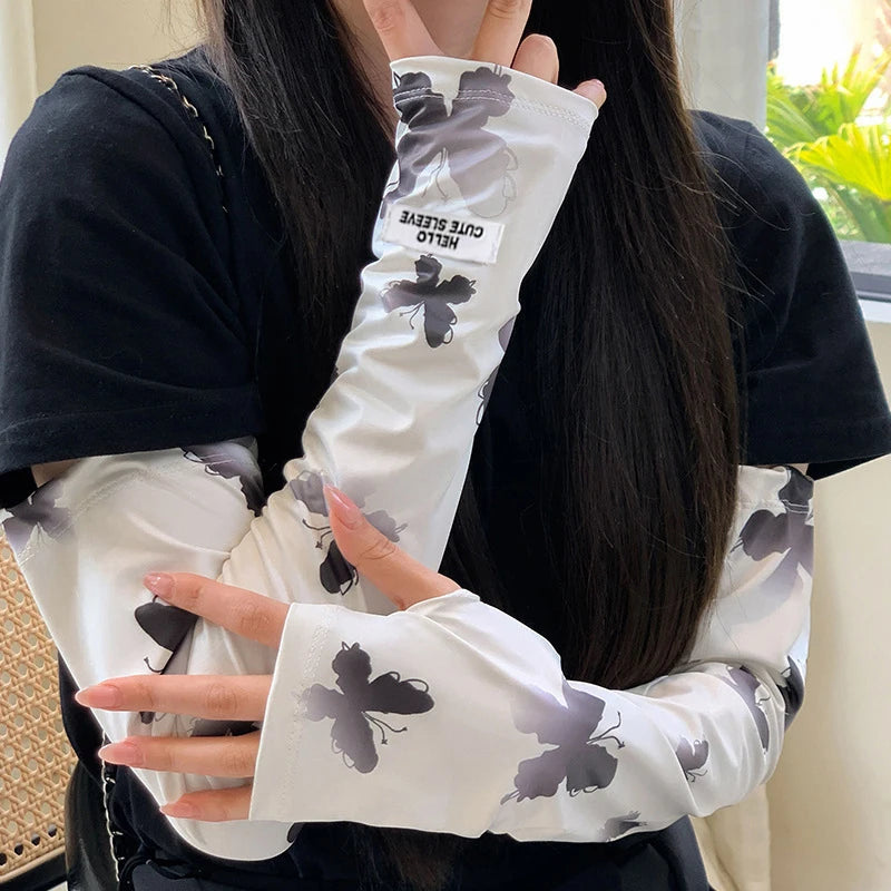Summer Loose Ice Silk Long Sleeve Sun Protection Fingerless Gloves Elegant Breathable Sunscreen Mittens Women Clothes Accessory