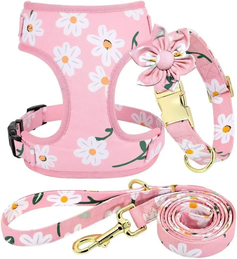 Cute Flower Dog Collar Harness And Leash Set For Puppies