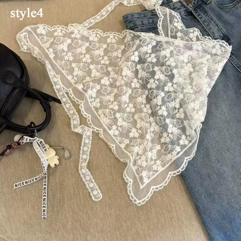 New Hollow Lace Scarf Retro Triangle Headscarf Embroidered Lace Neck Scarf White Lace Up Travel Photo Headband for Women girls