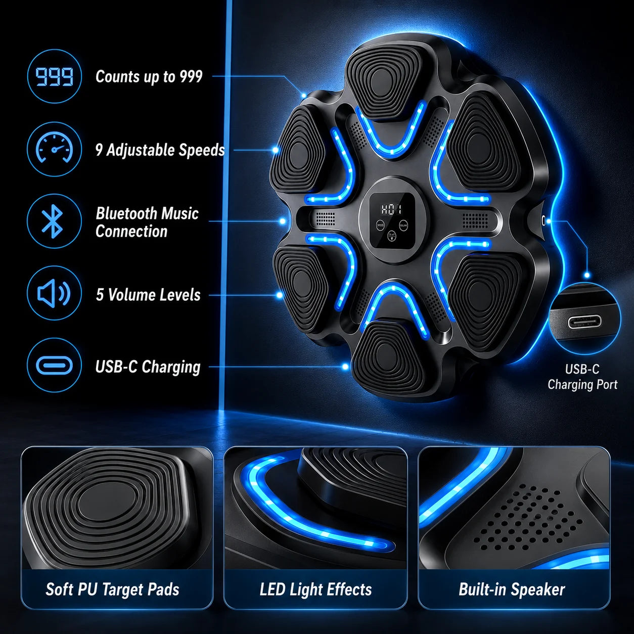 Music Punching Workout Machine 6 LED Light Targets Real-time Counting Function 5 Volume Levels Adjustable Training Intensity Rechargeable Boxing Reaction Trainer for Home Gym