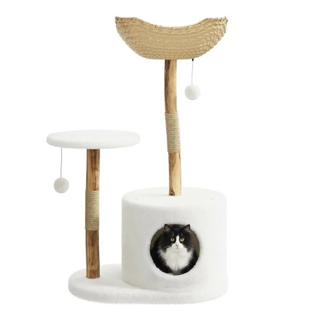 43 Inch Wooden Cat Tree Tower with Rattan, Large Cat Climbing Furniture, Multi-Level Activity Center with Perches, Sturdy Indoor Pet Furniture for Cats, Floor Mount