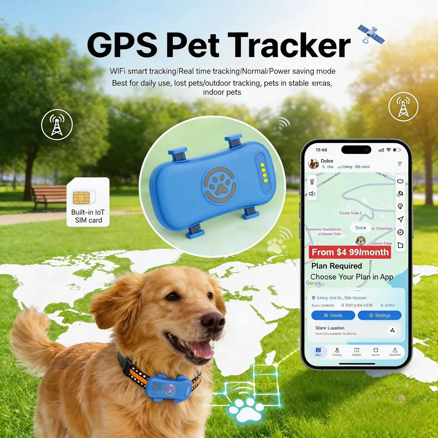 GPS Pet Tracker 4G for Dogs and Cats Real-Time Tracking