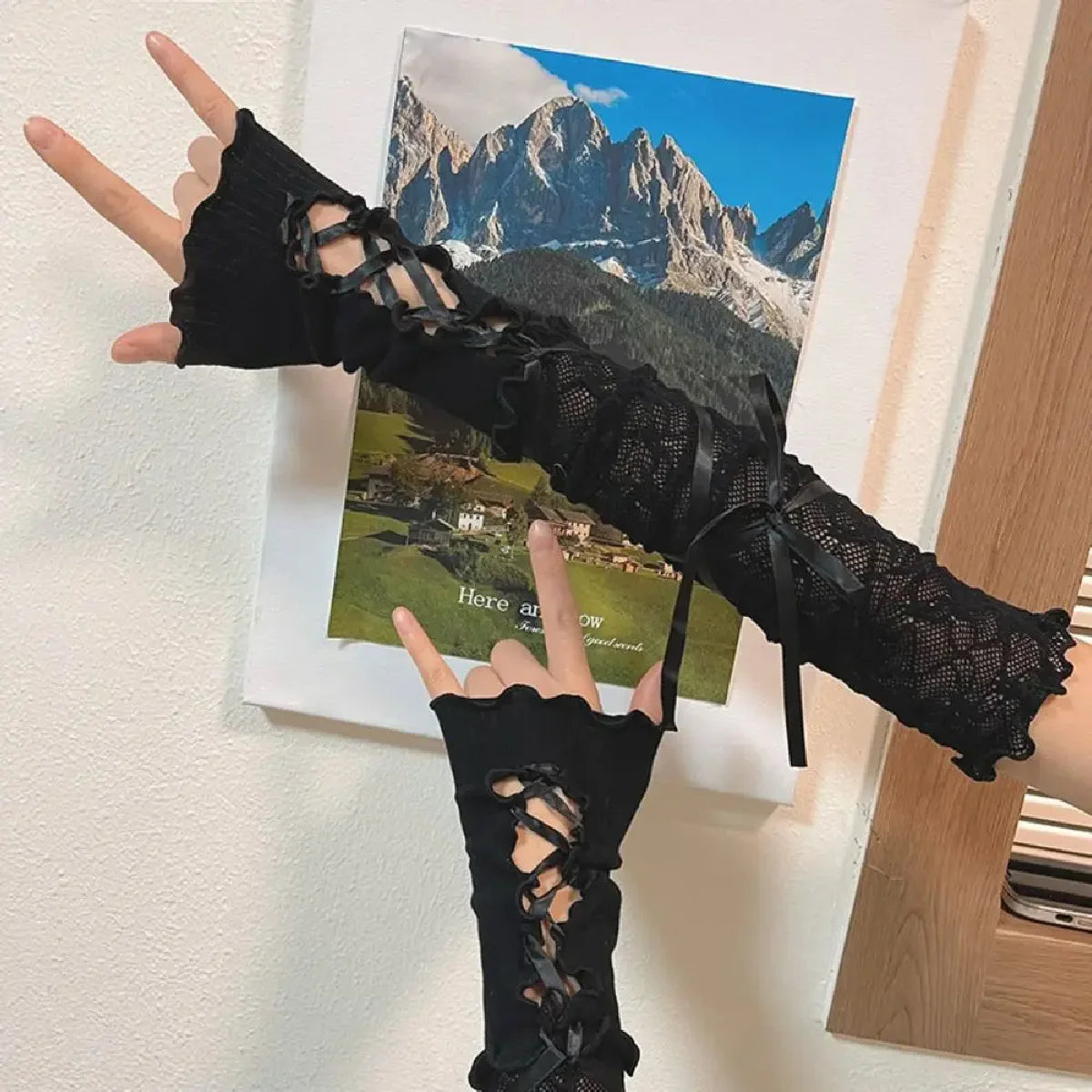 Women Lolita Jk Lace Fingerless Gloves Black Gothic DIY Strapping Sunscreen Sleeve Clothing Accessories Elastic Mesh Gloves 2055