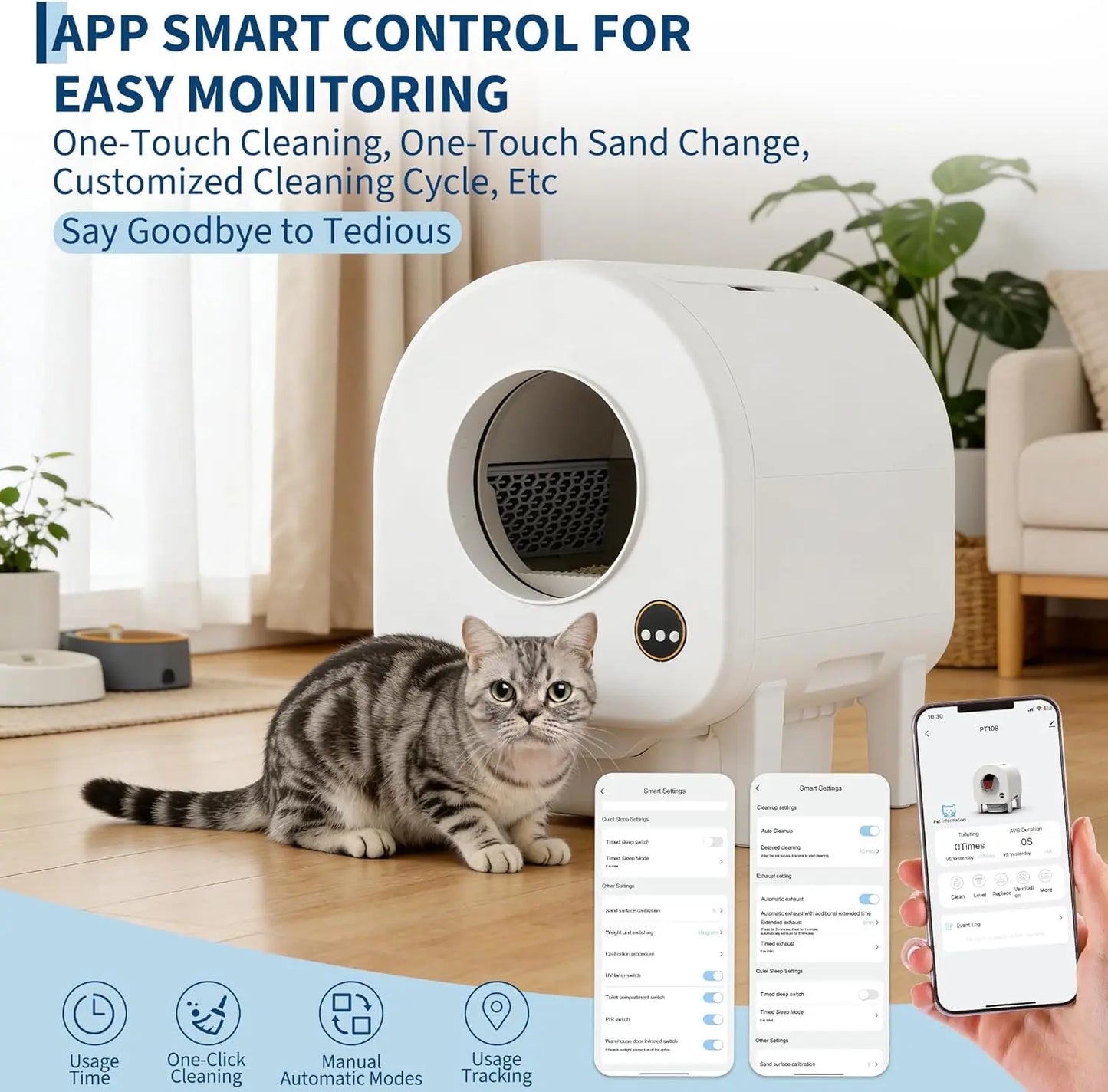 Smart Self-Cleaning Cat Litter Box, WiFi-Enabled Automatic Litter Box with Safety Protection, Large Capacity for Multiple Cats & Included Liner Bags