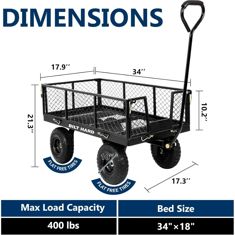 BILT HARD 400 lbs 10" Flat Free Tires Steel Garden Cart with 180° Rotating Handle and Removable Sides, 4 Cu.Ft Capacity Utility