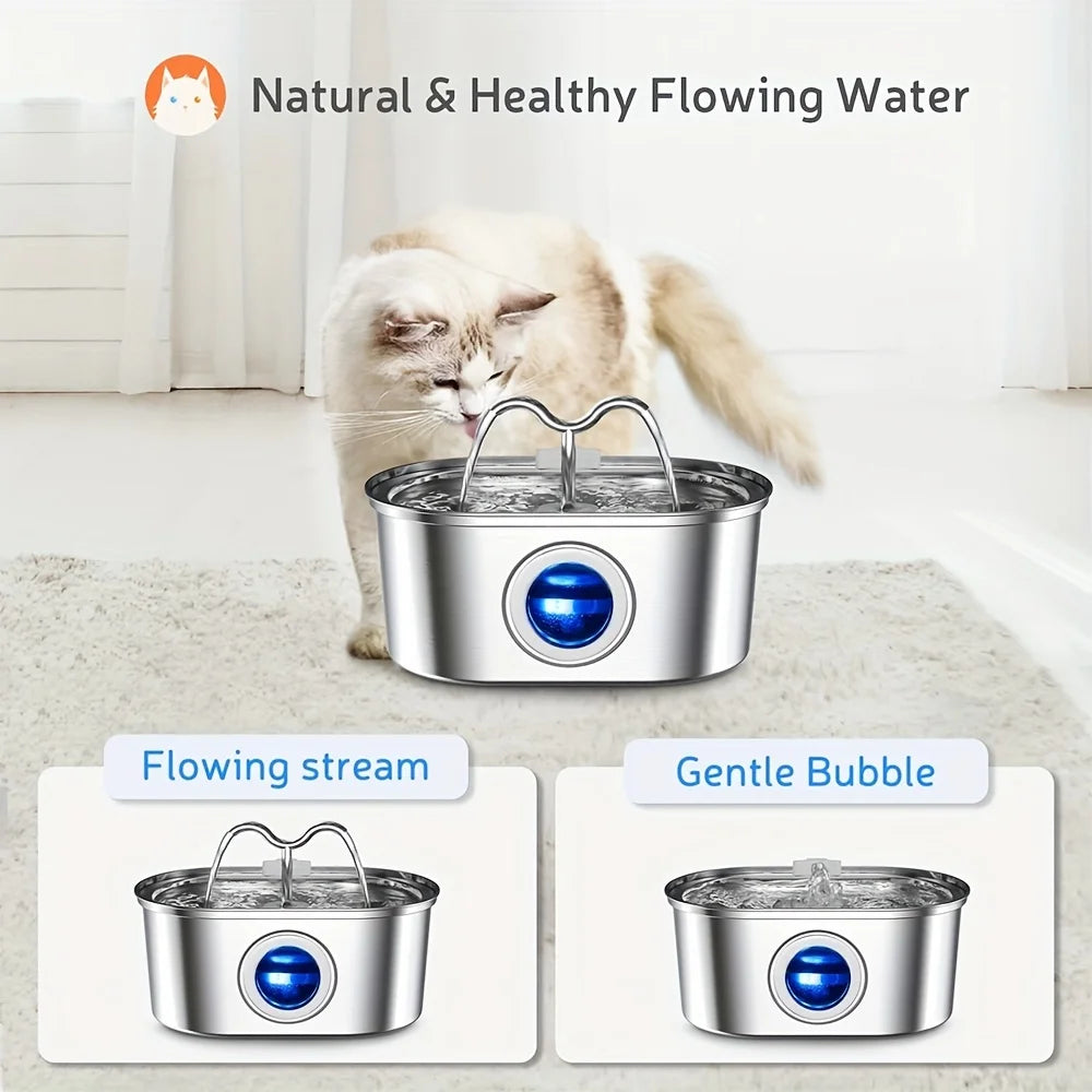 3.2L Stainless Steel Cat Water Fountain with Water Level Window, continuously circulates flowing water, perfect for pets.