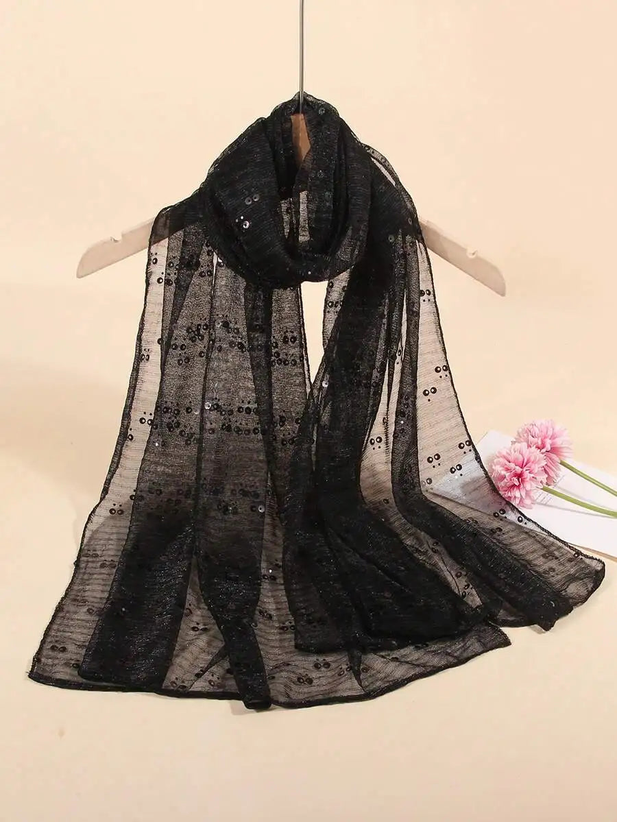 Women Lightweight Sequin Scarf Shawl Headwrap Beach Wrap Sun Protection Decorative