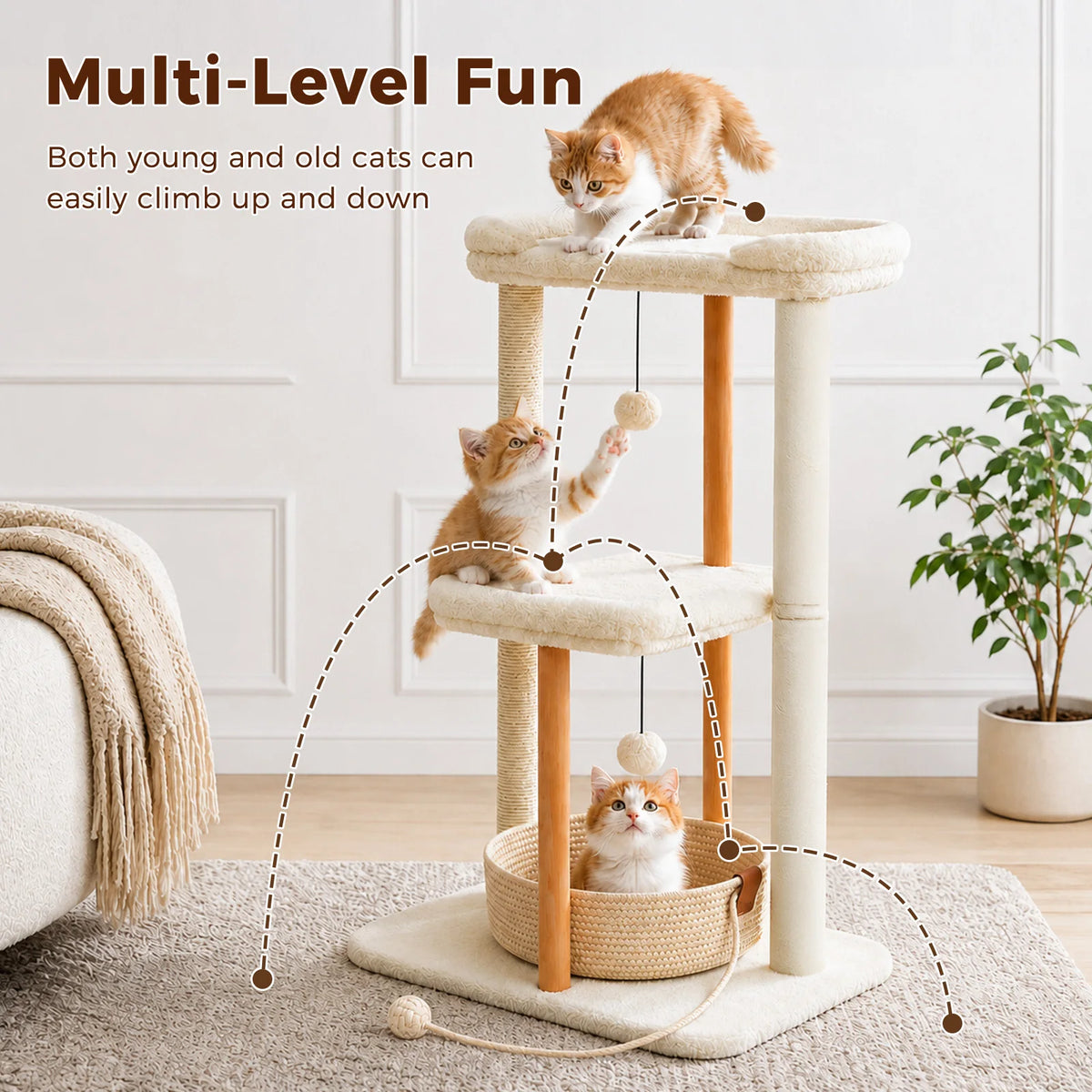 Modern Cat Tree for Indoor Cats Wood Cat Tower with Removable Bed Sisal Scratching Posts and Solid Wood Posts 2 Large Platforms Cat Bed Cat Toys