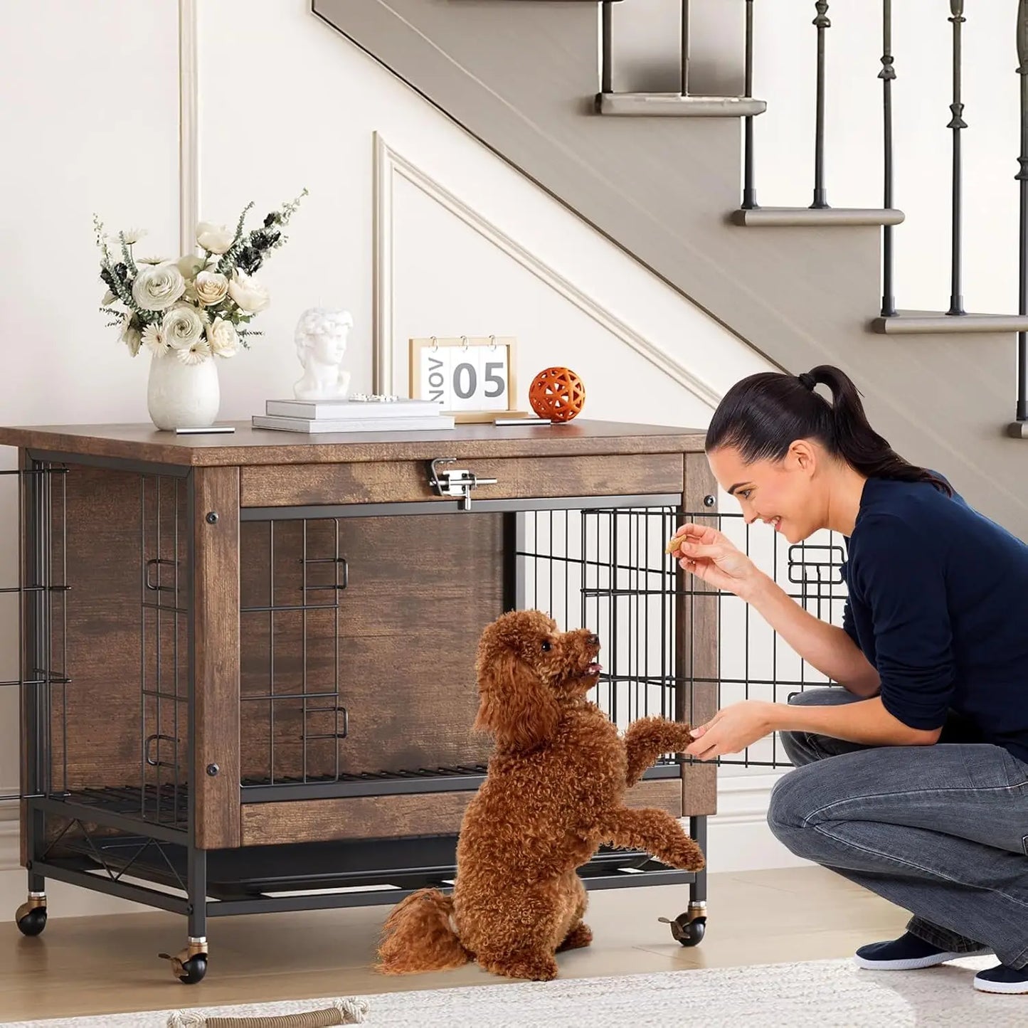 HiMISS Rustic Wood And Metal Dog Crate Furniture With Wheels